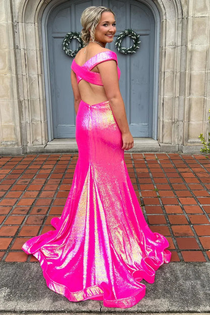 Sequin Off-the-Shoulder Backless Mermaid Long Prom Dress
