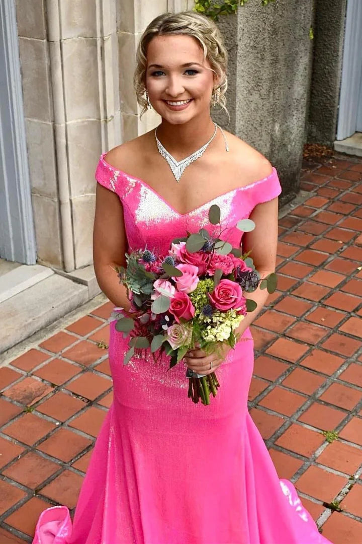 Sequin Off-the-Shoulder Backless Mermaid Long Prom Dress