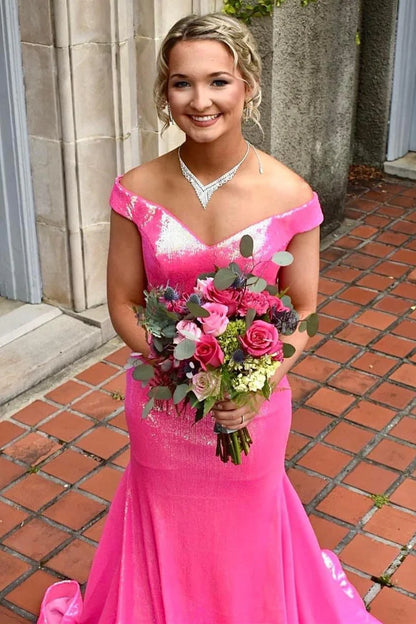 Sequin Off-the-Shoulder Backless Mermaid Long Prom Dress
