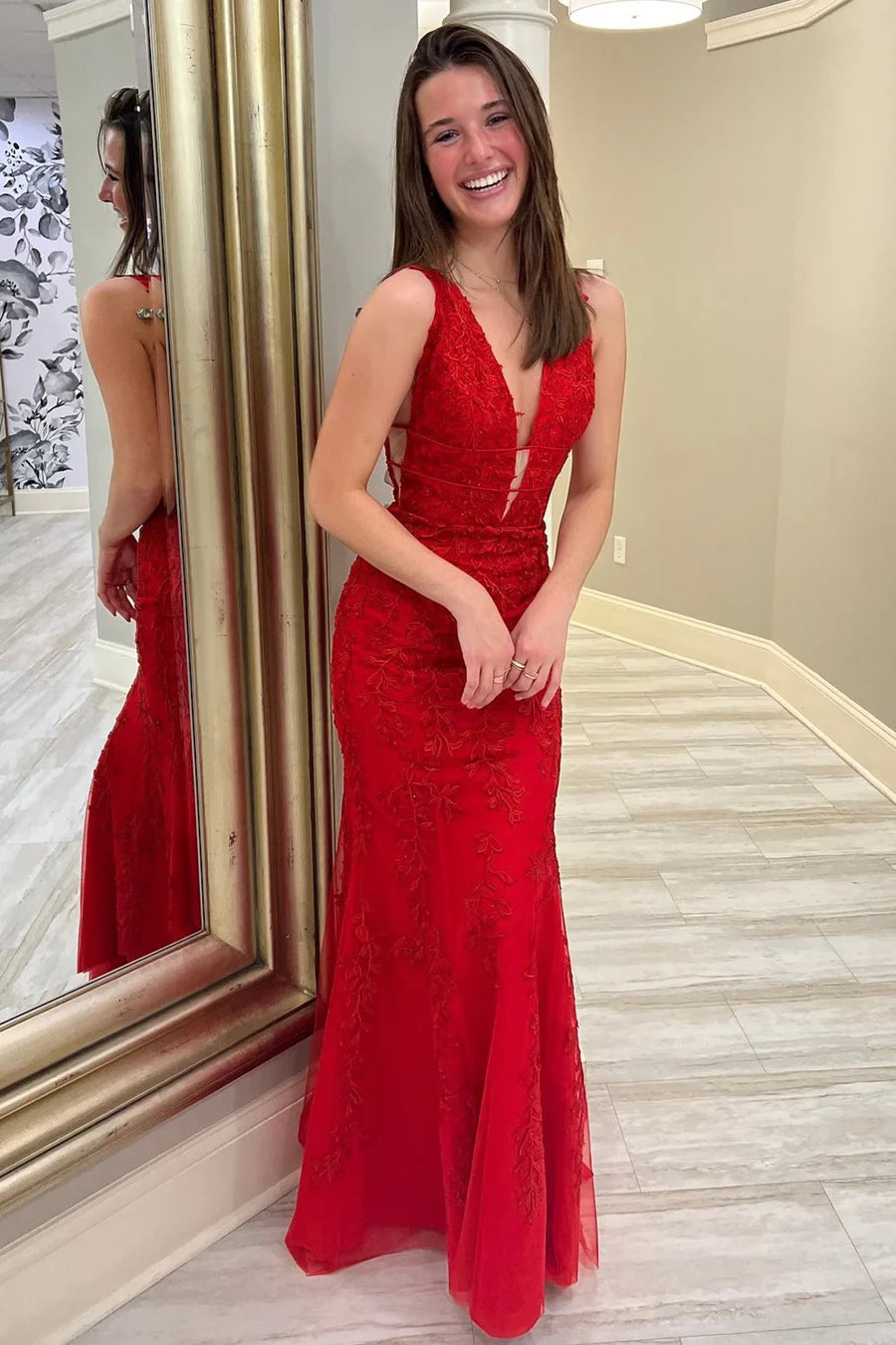 Plunge  Embroidered Mermaid Long Prom Dress