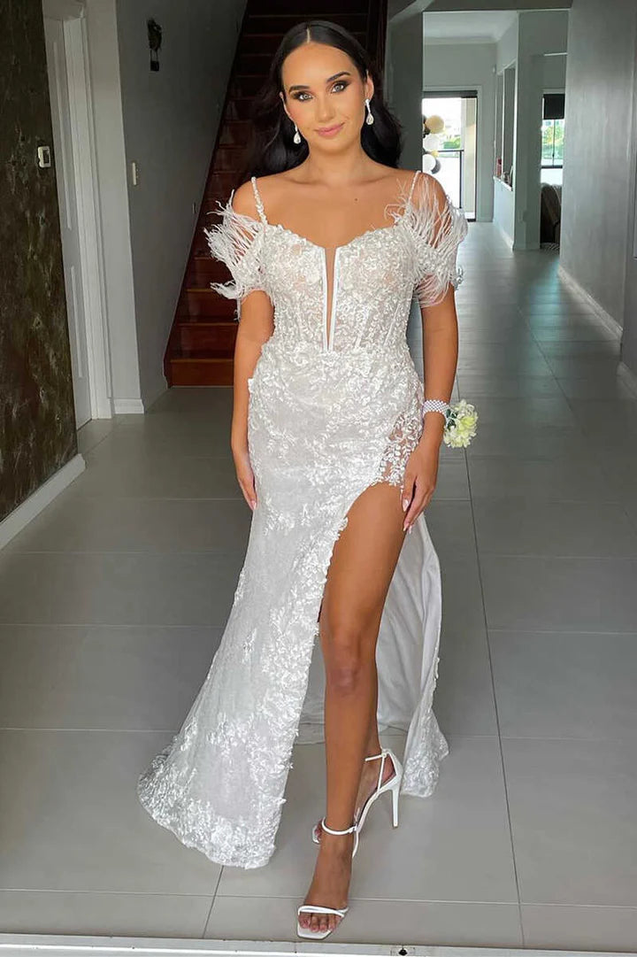 Sequin Appliques Cold-Shoulder Long Prom Gown with Slit