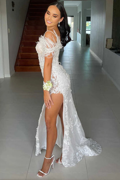 Sequin Appliques Cold-Shoulder Long Prom Gown with Slit
