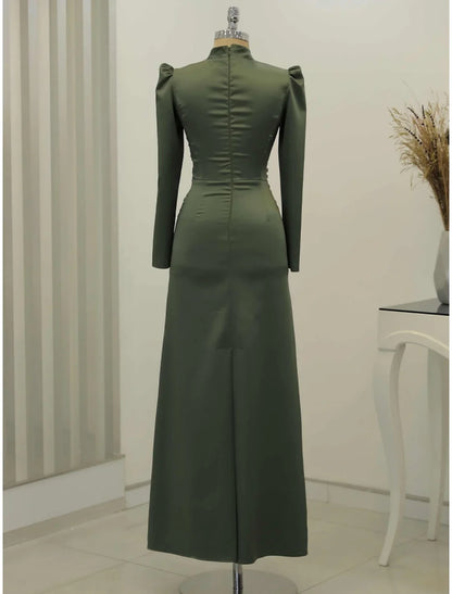 Evening Gown Formal Ankle Length Long Sleeve High Neck Satin with Glitter Ruched