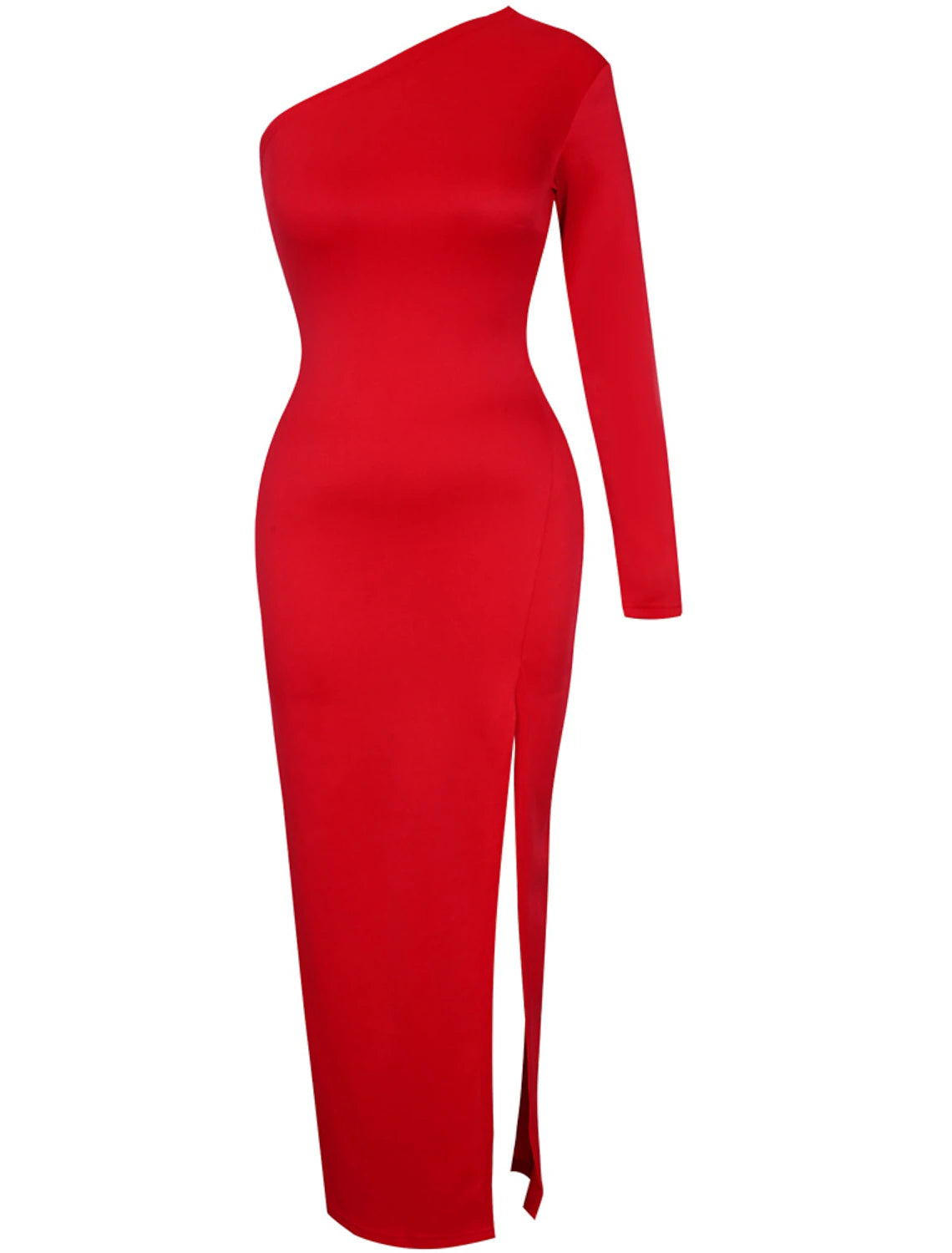 Sheath Mermaid Long Sleeve One Shoulder Evening Gown Floor Length  Stretch Fabric Prom Dress with Slit