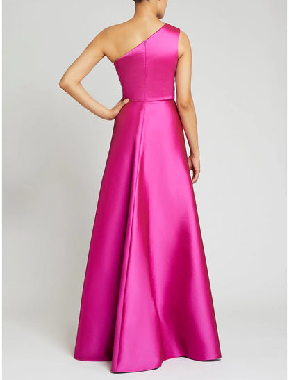 Sheath / Column Evening Gown Luxurious Dress Wedding Guest Floor Length Sleeveless One Shoulder Satin with Overskirt Pure Color