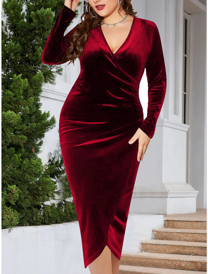 Plus Size Red Party Dress Velvet Dress Cocktail Dress Midi Dress Black Wine Dark Green Long Sleeve Pure Color Ruched Spring Fall Winter V Neck Winter Dress Wedding Guest