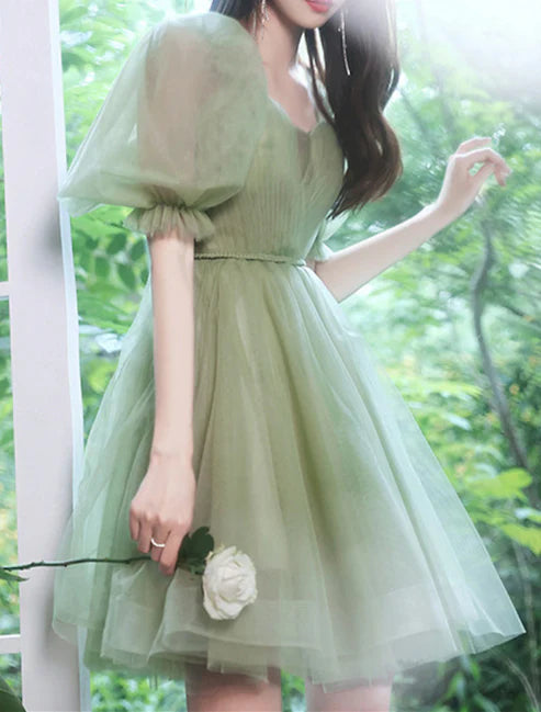 A-Line Homecoming Dresses Tiered Plisse Dress Wedding Guest Graduation Short / Mini Short Sleeve Off Shoulder Tulle with Pleats