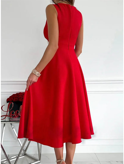 Party Dress New Year's Eve Dress Homecoming Dress Cocktail Dress Midi Dress Light Pink Black Red Sleeveless Ruched Summer Spring V Neck Birthday