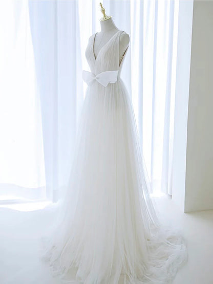 Wedding Dress A-Line V Neck Atmosphere Tulle with Bow Fantastic Long Dress