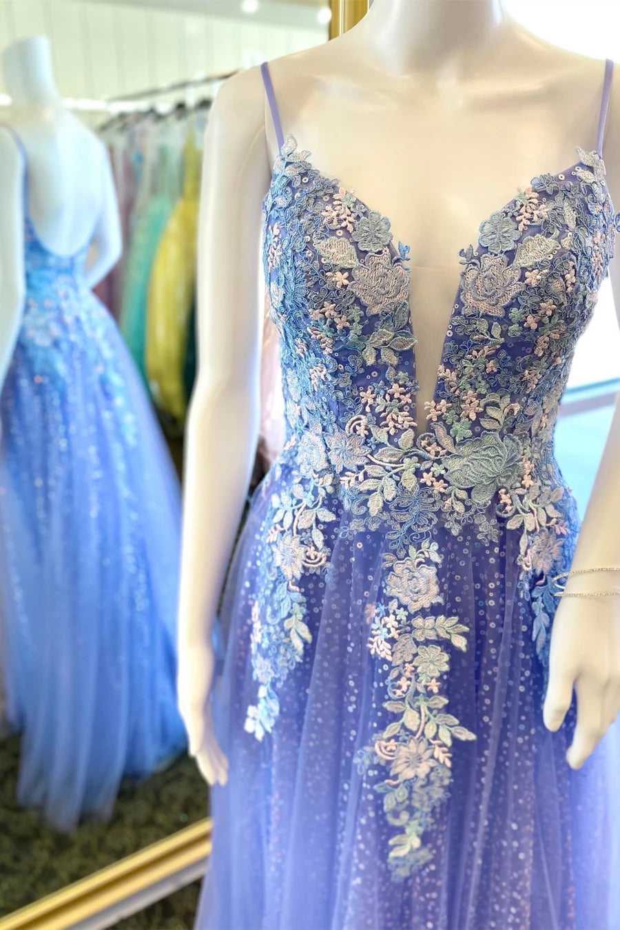 Sparkle  Tulle Flowers Straps Backless A-Line Prom Dress
