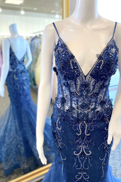 V-Neck Open Back Appliques Trumpet Long Formal Dress
