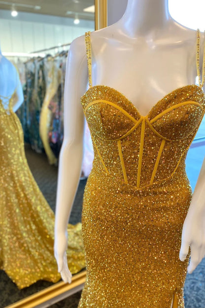 Sequin Sweetheart Lace-Up Mermaid Long Prom Dress with Slit