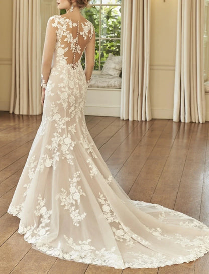 Engagement Formal Wedding Dresses Mermaid / Trumpet Illusion Neck Long Sleeve Court Train Lace Bridal Gowns With Embroidery