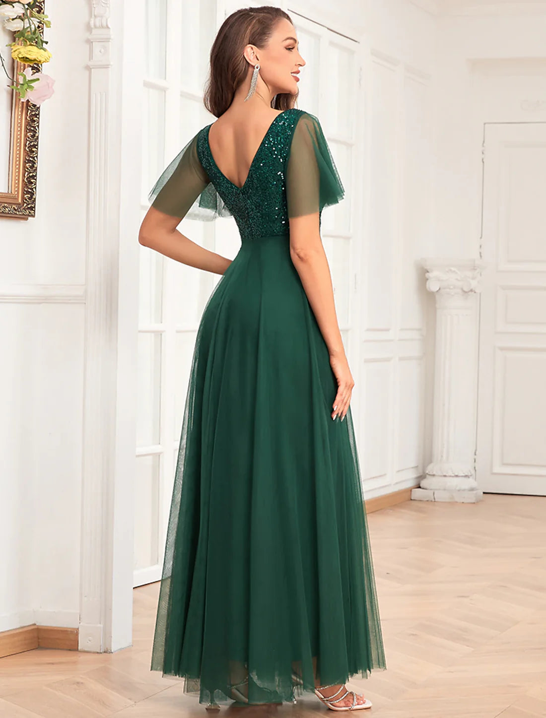 A-Line Party Dresses Evening Party Wear Floor Length Short Sleeve V Neck Chiffon V Back with Glitter Sequin