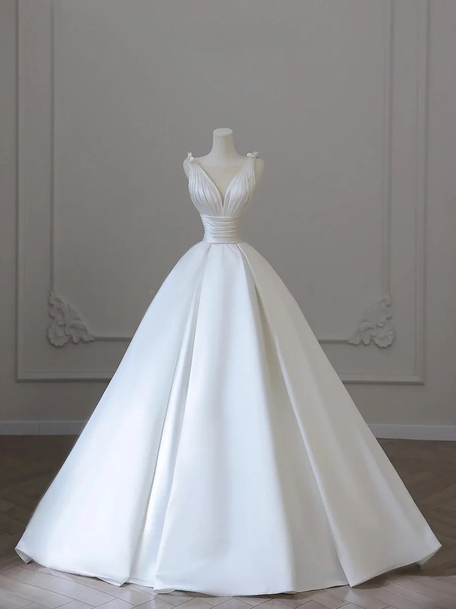 A-Line White V-Neck Satin Wedding Dresses Court Train Long Party Dress
