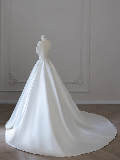 A-Line White V-Neck Satin Wedding Dresses Court Train Long Party Dress