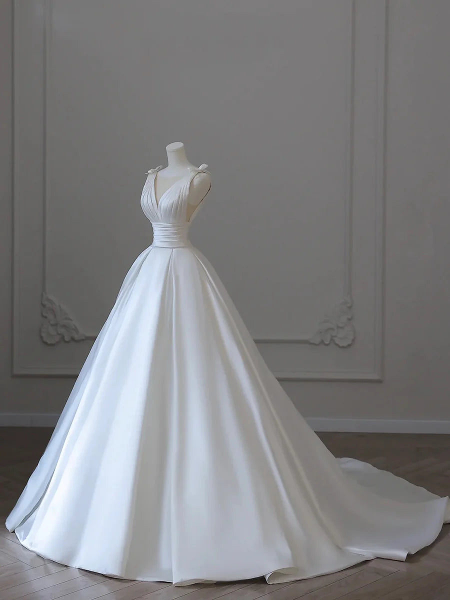 A-Line White V-Neck Satin Wedding Dresses Court Train Long Party Dress