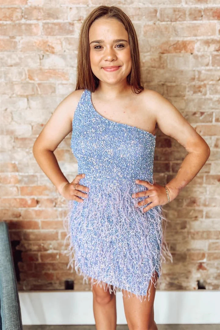 Sequin One-Shoulder Short Party Dress with Feathers
