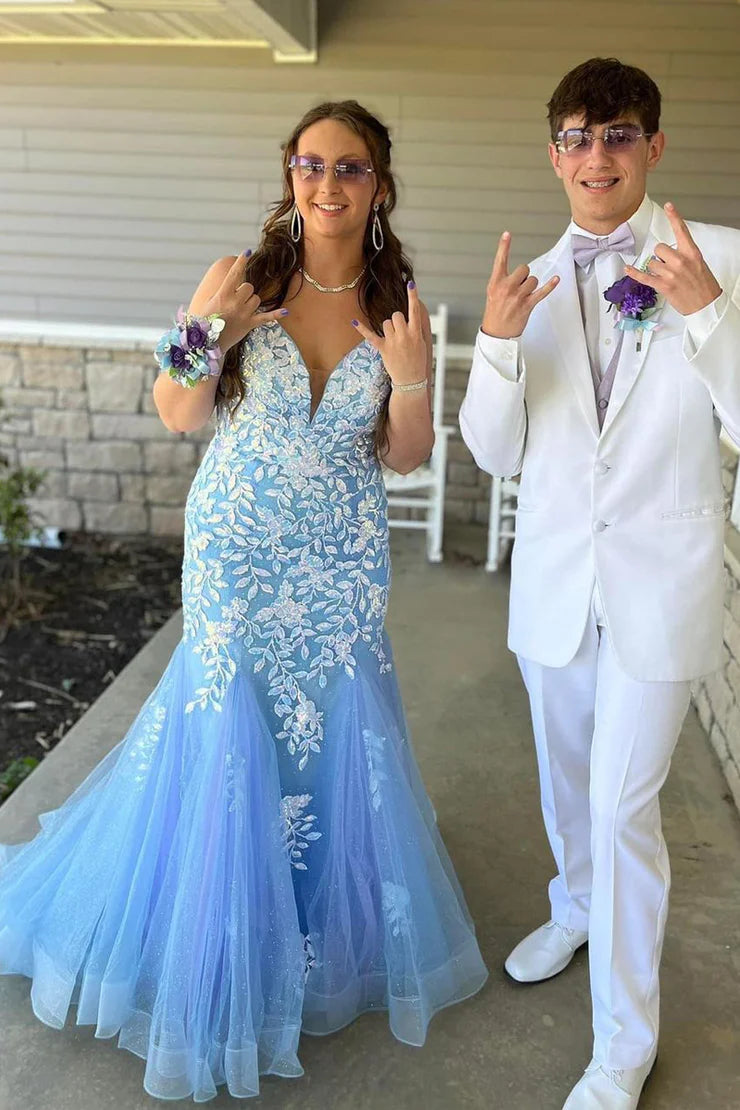 Cute Mermaid V Neck Spaghetti Strap Light Blue Sequins Long Prom Dresses
