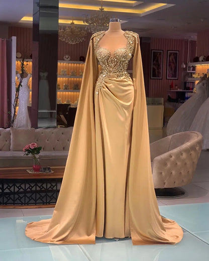Sheath Elegant Sweep/Brush Train Dresses Champagne Gold Long Sleeves  Long Prom Dress With Beading Embroidery