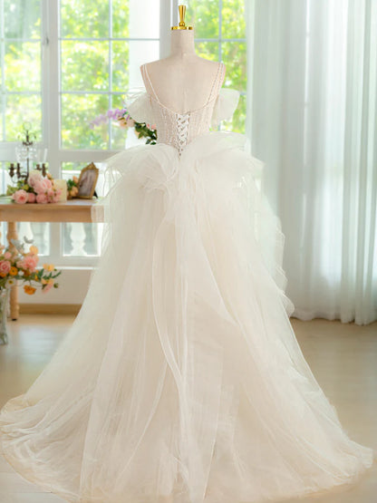 Sweet Heart-shaped collar Bead Decoration Shoulder strap Tulle Beads Long Fantastic Tulle Irregular Prom Dress