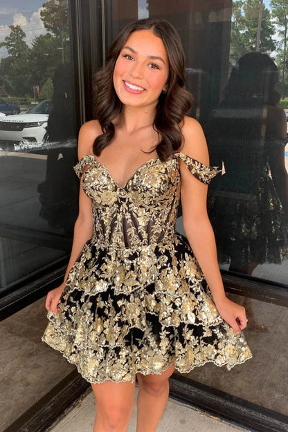 Off the Shoulder Applique Ruffle Homecoming Dress