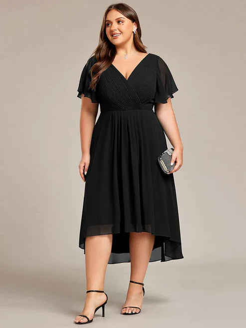Plus Size Double V-Neck Ruffles Sleeve Chiffon Midi Wedding Guest Dressa/Evening Dresses Party Dresses