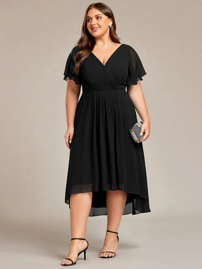 Plus Size Double V-Neck Ruffles Sleeve Chiffon Midi Wedding Guest Dressa/Evening Dresses Party Dresses