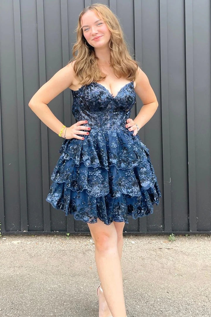 Sequin Lace Corset Bodice Tiered Homecoming Dress