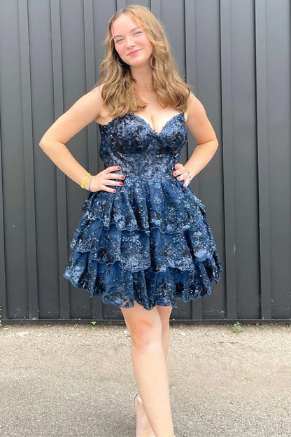 Sequin Lace Corset Bodice Tiered Homecoming Dress