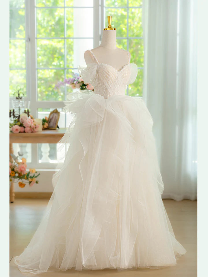 Sweet Heart-shaped collar Bead Decoration Shoulder strap Tulle Beads Long Fantastic Tulle Irregular Prom Dress