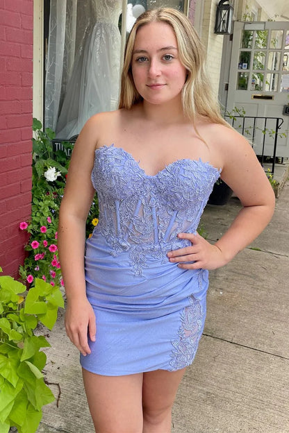 Appliques Strapless Sheer Bodice Ruched Short Dress
