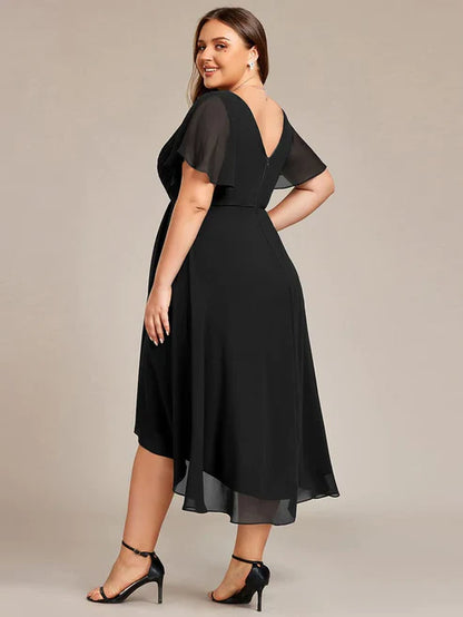 Plus Size Double V-Neck Ruffles Sleeve Chiffon Midi Wedding Guest Dressa/Evening Dresses Party Dresses