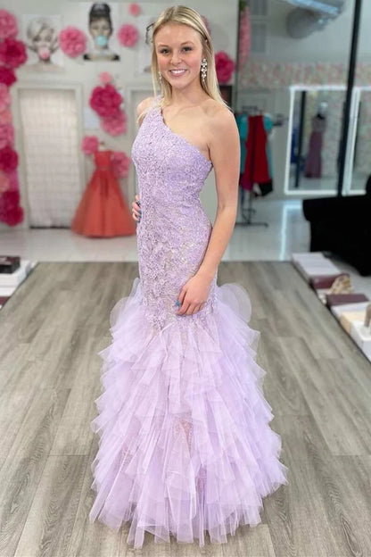 Lace One-Shoulder Tiered Trumpet Long Prom Gown