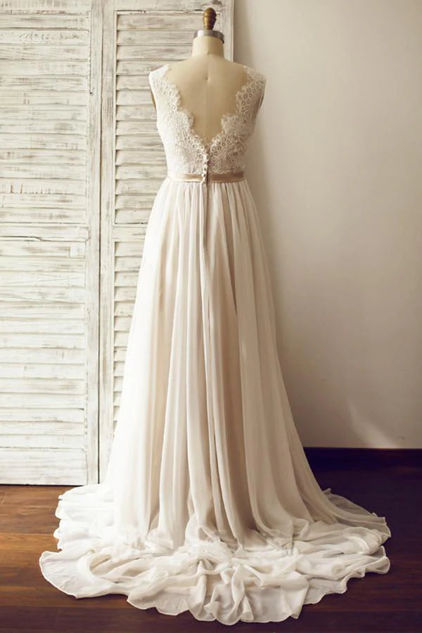 V-neck Sleeveless Open Back Wedding Dress with Lace Sash