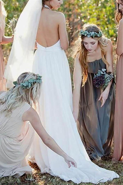 Backless Halter Lace A-Line High Neck Chiffon Wedding Dress