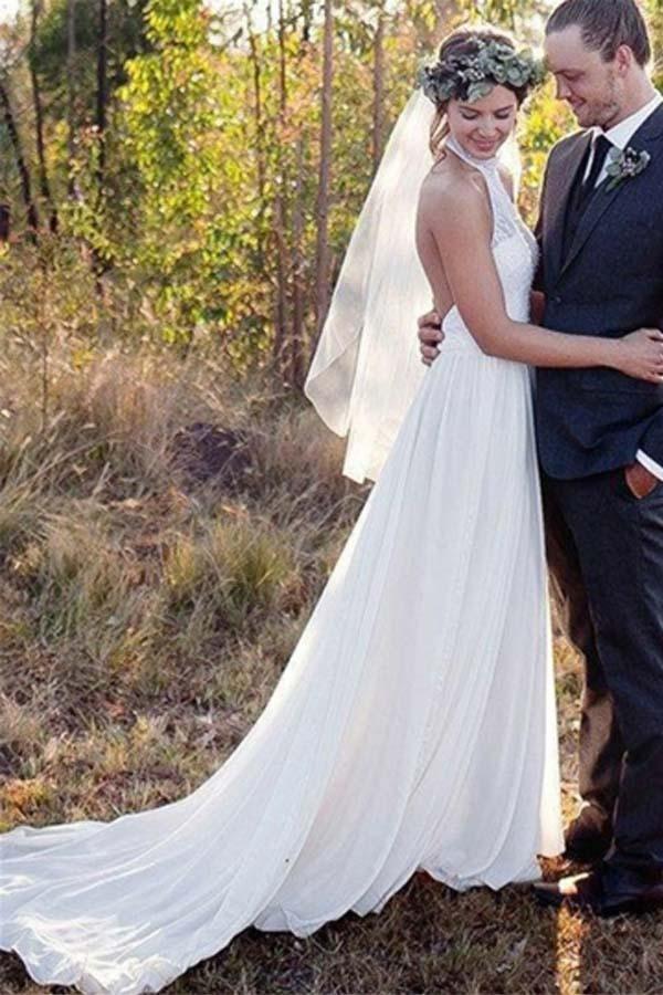 Backless Halter Lace A-Line High Neck Chiffon Wedding Dress