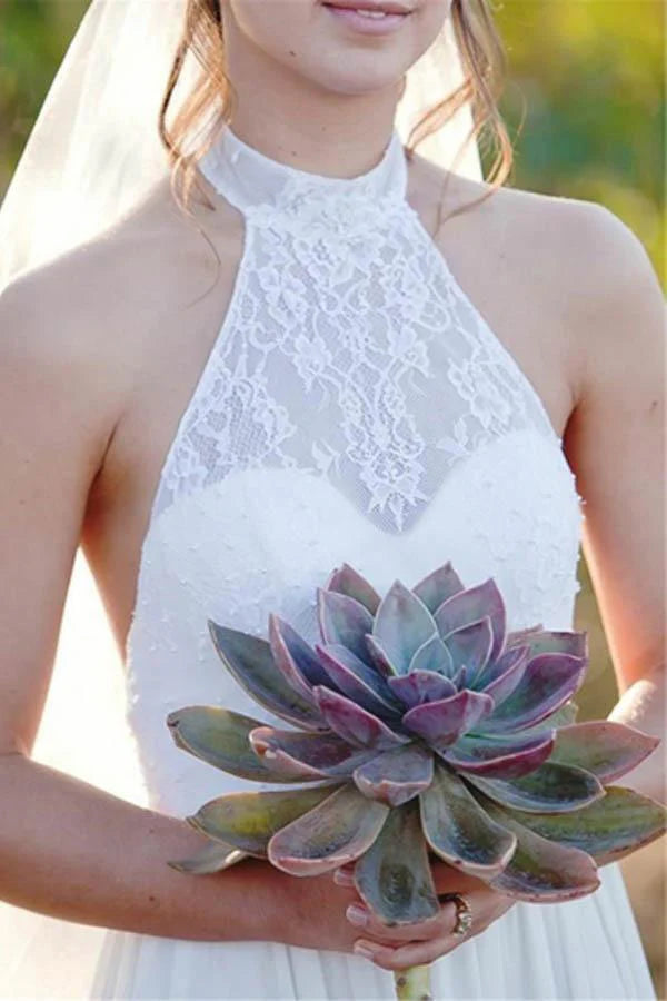 Backless Halter Lace A-Line High Neck Chiffon Wedding Dress