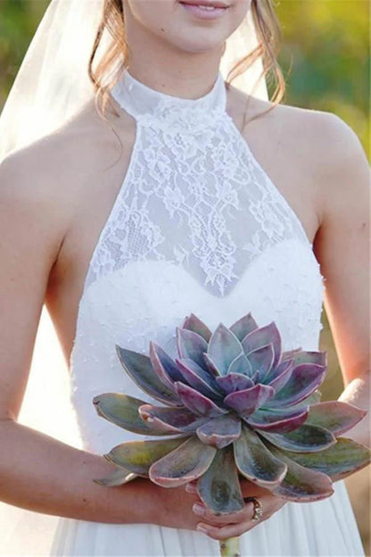 Backless Halter Lace A-Line High Neck Chiffon Wedding Dress