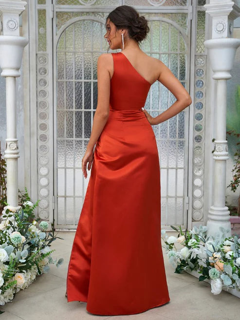 A-Line/Princess Satin Ruched One-Shoulder Sleeveless Floor-Length Bridesmaid Dresses Party Dresses Wedding Guest Dresses