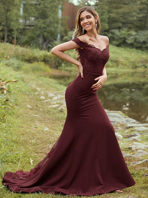 Sheath/Column Stretch Crepe Applique Off-the-Shoulder Sleeveless Sweep/Brush Train Bridesmaid Dresses Party Dresses Wedding Guest Dresses