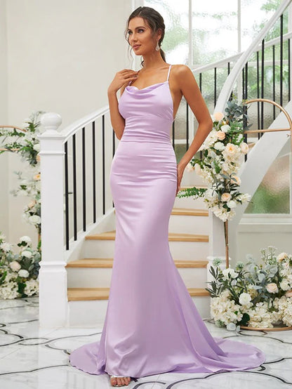 Sheath/Column Ruched Square Sleeveless Sweep/Brush Train Bridesmaid Dresses Party Dresses Wedding Guest Dresses
