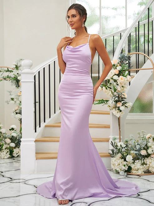 Sheath/Column Ruched Square Sleeveless Sweep/Brush Train Bridesmaid Dresses Party Dresses Wedding Guest Dresses