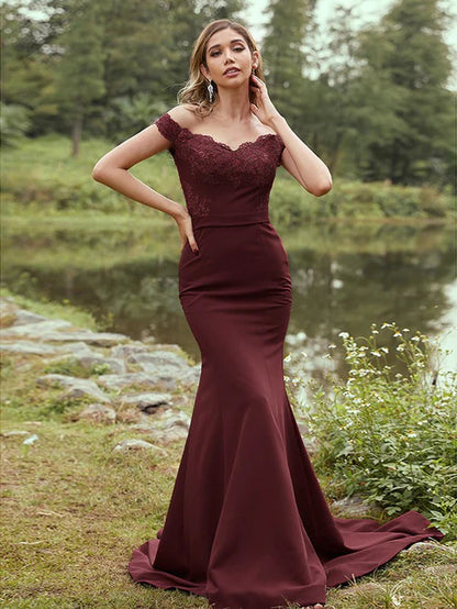 Sheath/Column Stretch Crepe Applique Off-the-Shoulder Sleeveless Sweep/Brush Train Bridesmaid Dresses Party Dresses Wedding Guest Dresses