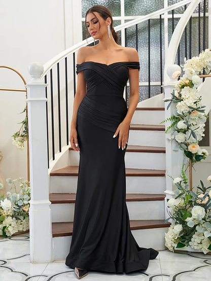 Sheath/Column Jersey Ruched Off-the-Shoulder Sleeveless Sweep/Brush Train Bridesmaid Dresses Party Dresses Wedding Guest Dresses
