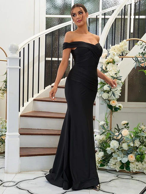 Sheath/Column Jersey Ruched Off-the-Shoulder Sleeveless Sweep/Brush Train Bridesmaid Dresses Party Dresses Wedding Guest Dresses