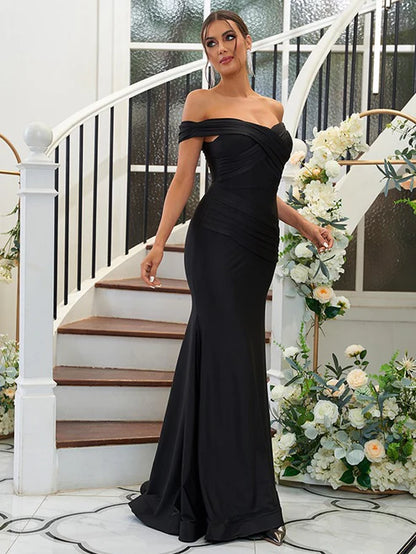 Sheath/Column Jersey Ruched Off-the-Shoulder Sleeveless Sweep/Brush Train Bridesmaid Dresses Party Dresses Wedding Guest Dresses