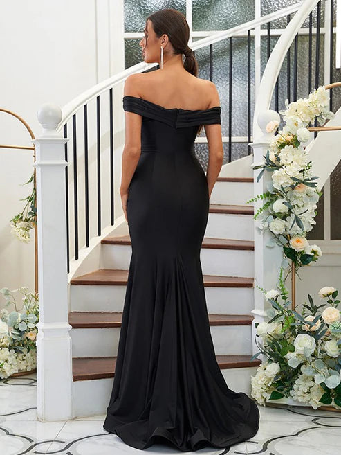 Sheath/Column Jersey Ruched Off-the-Shoulder Sleeveless Sweep/Brush Train Bridesmaid Dresses Party Dresses Wedding Guest Dresses