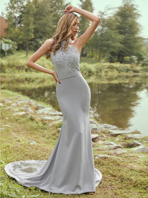 Sheath/Column Stretch Crepe Lace Halter Sleeveless Sweep/Brush Train Bridesmaid Dresses Party Dresses Wedding Guest Dresses