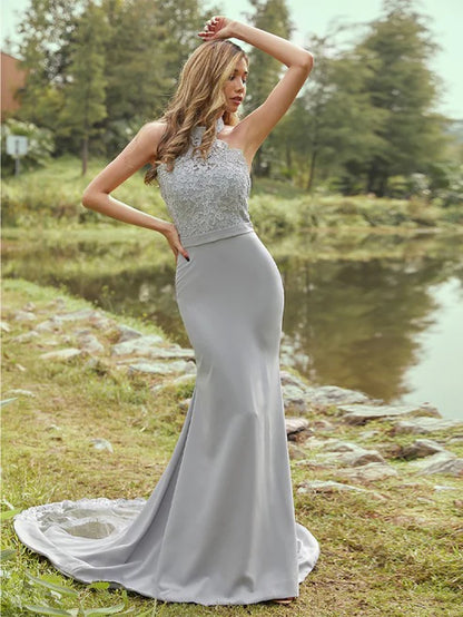 Sheath/Column Stretch Crepe Lace Halter Sleeveless Sweep/Brush Train Bridesmaid Dresses Party Dresses Wedding Guest Dresses